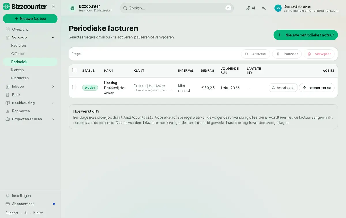 Het overzicht van periodieke facturen