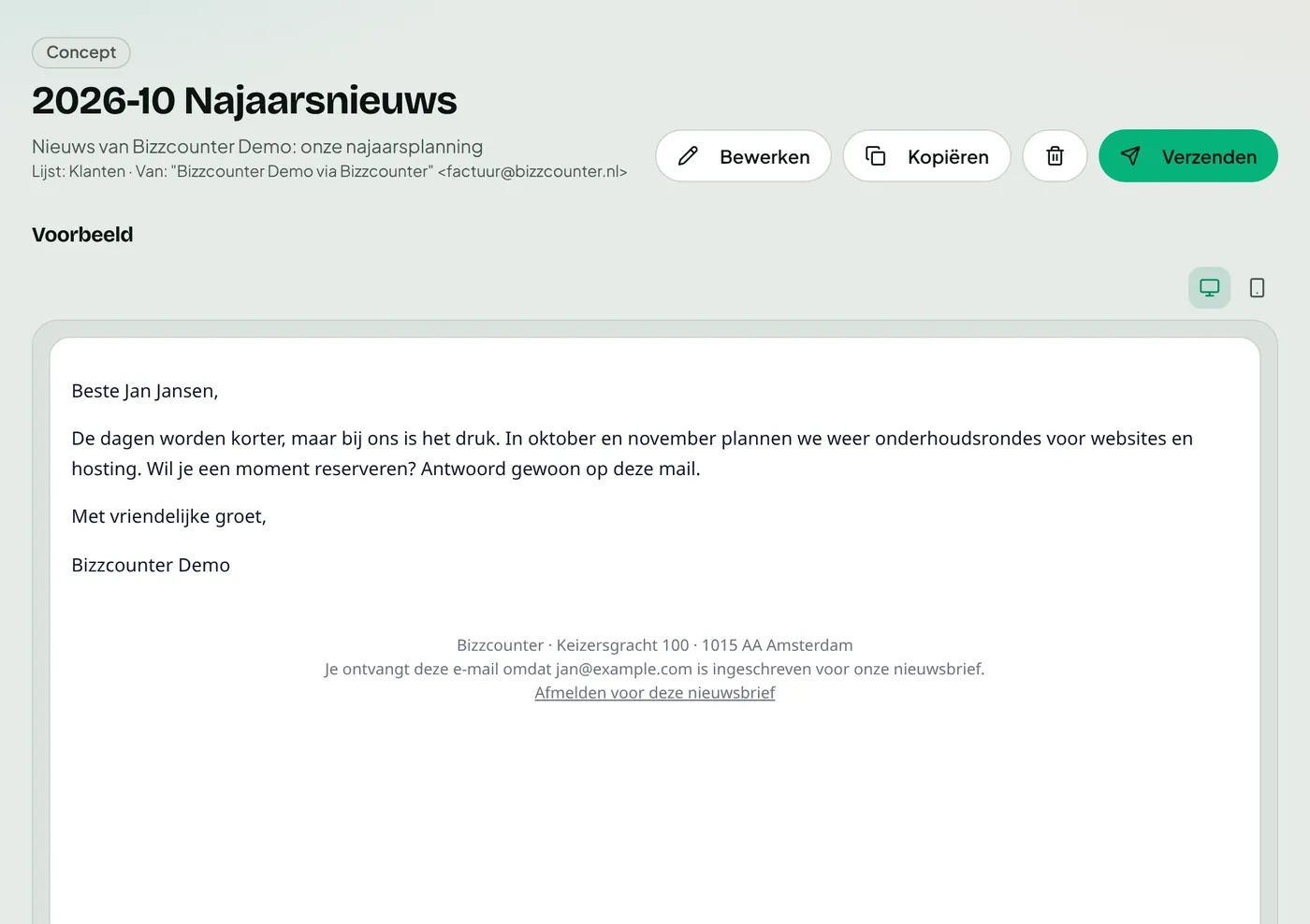 Statistieken van een verzonden nieuwsbrief met het aantal opens en kliks per link.