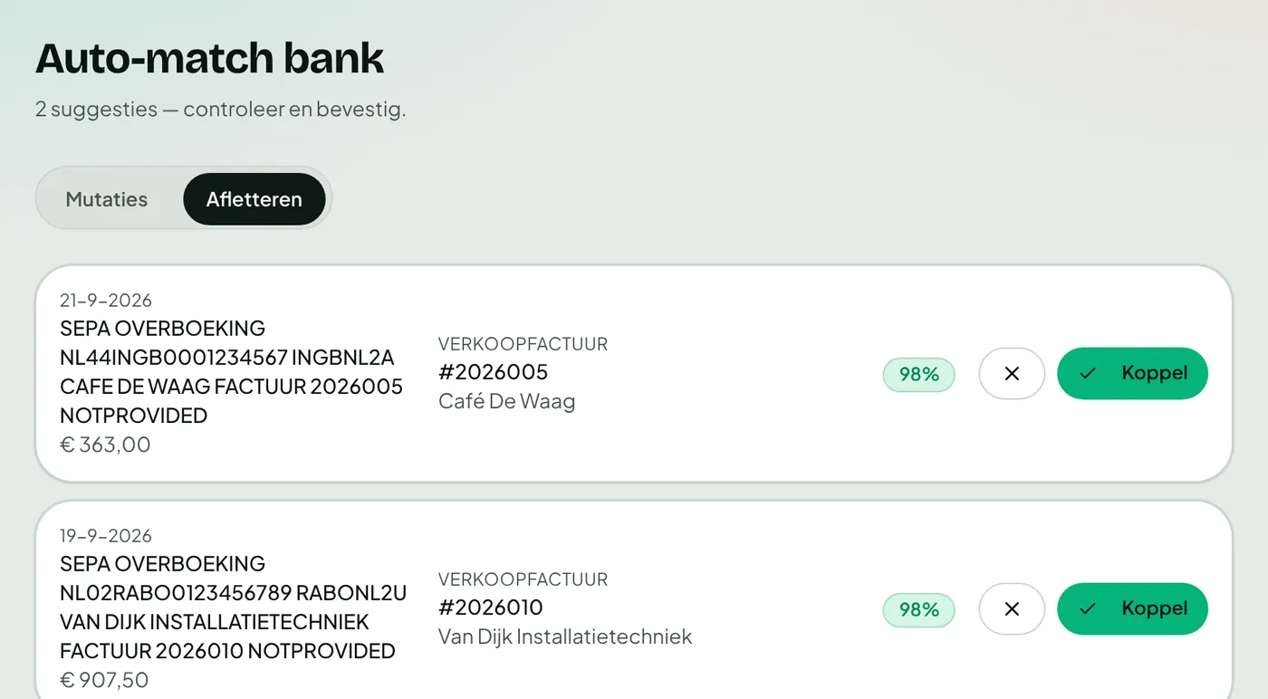 Voorstellen om bankmutaties aan verkoopfacturen te koppelen, die je met Koppel bevestigt.