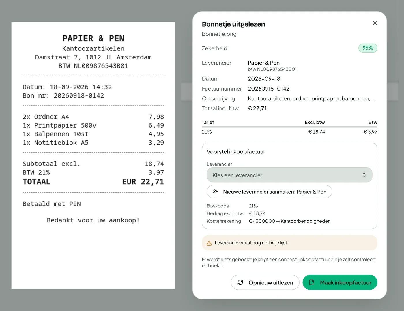 Een uitgelezen kassabon naast het voorstel met leverancier, datum en btw per tarief.