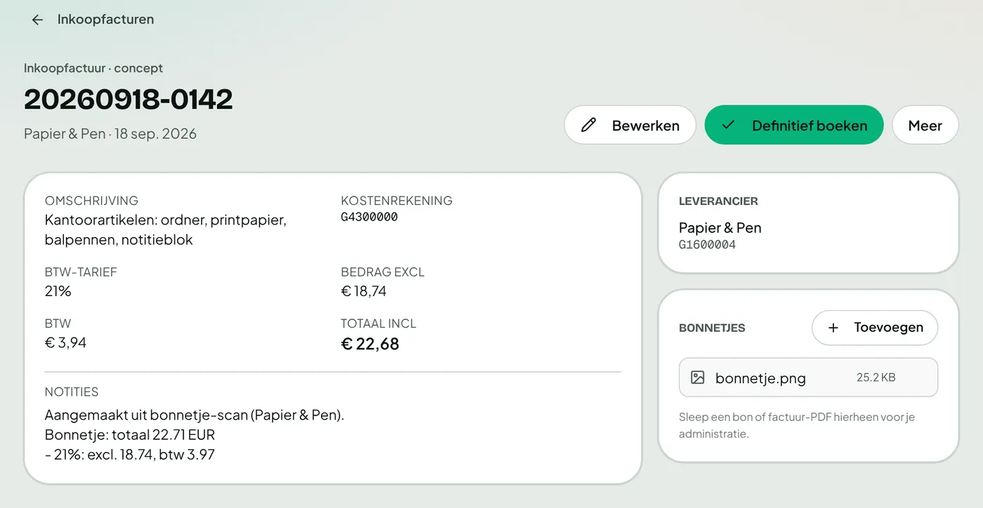Concept-inkoopfactuur met het bonnetje als bijlage, klaar om te boeken.
