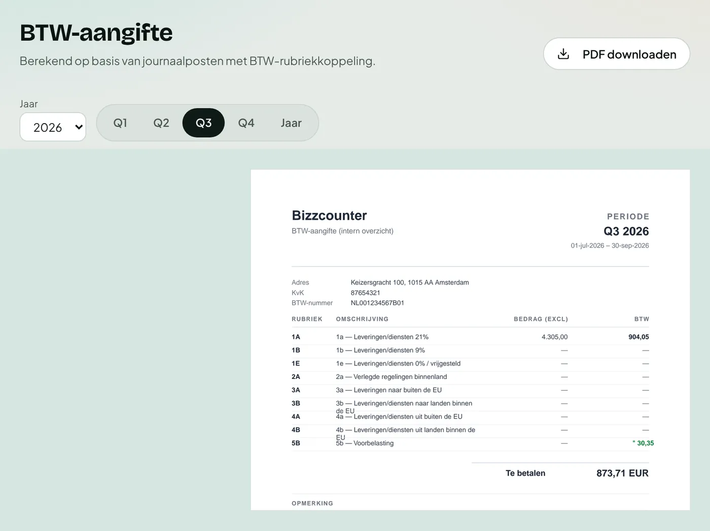 Btw-aangifte van een kwartaal als PDF.