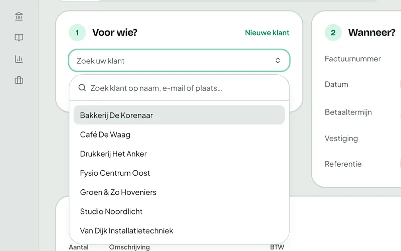 Klant kiezen bovenaan de factuureditor.