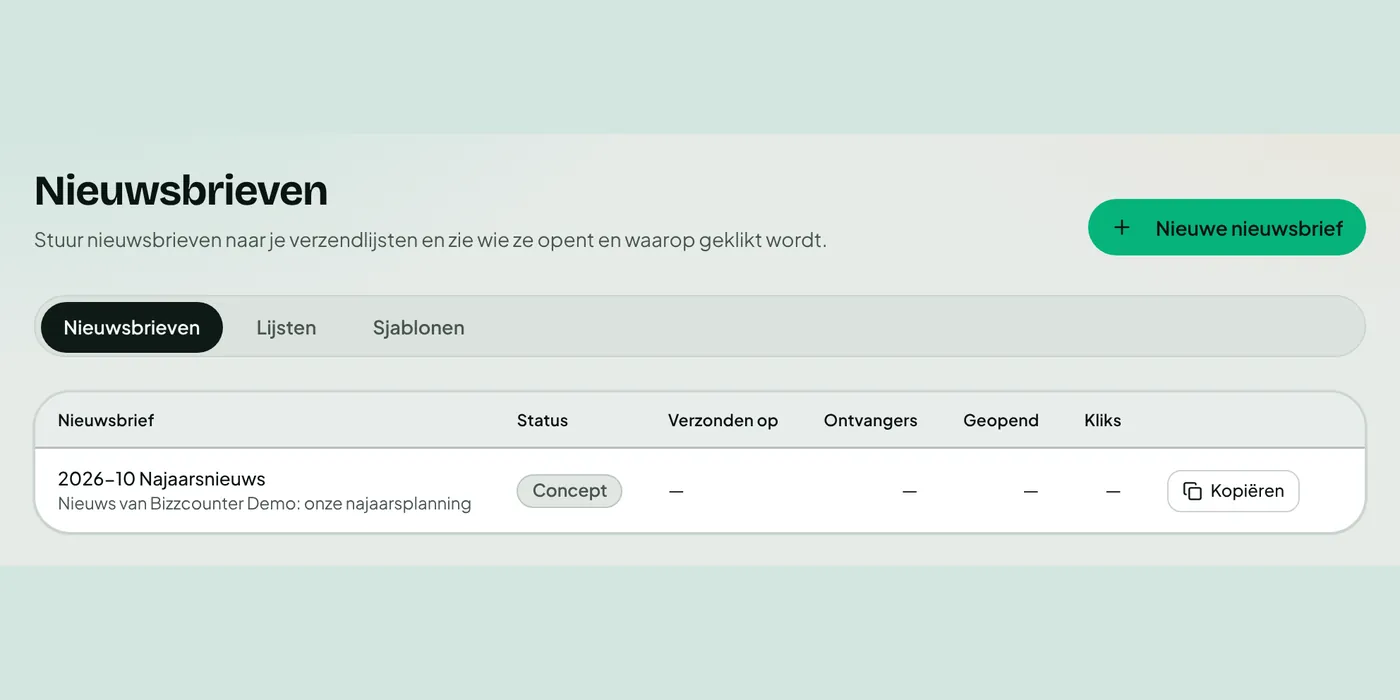 Overzicht van nieuwsbrieven met per nieuwsbrief het aantal ontvangers, opens en kliks.