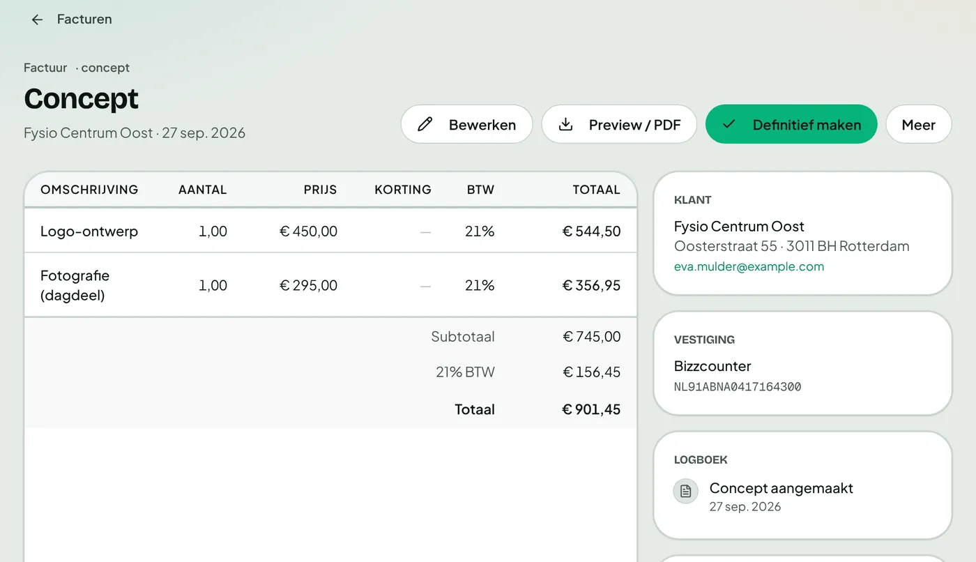 Factuur die uit een offerte is gemaakt, met dezelfde regels en bedragen.