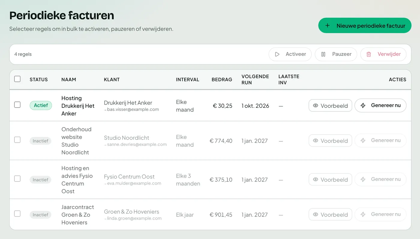 Overzicht van periodieke facturen met de volgende factuurdatum en de status actief of gepauzeerd.