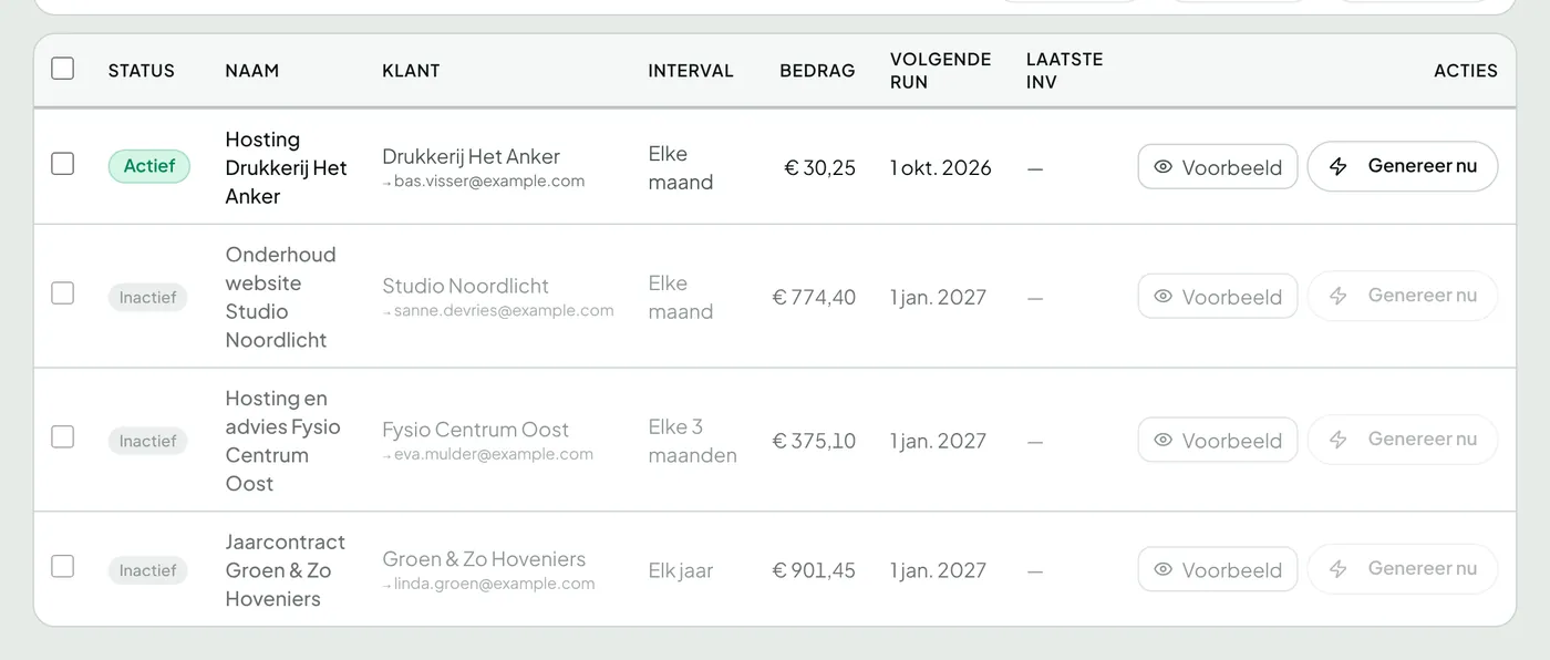 Periodieke facturen voor vaste klanten met de volgende factuurdatum.